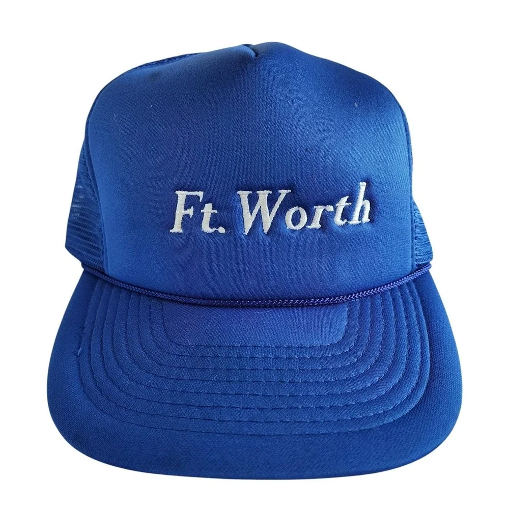 Vintage 80s Ft Worth Texas Trucker Snapback Hat NWT Royal Blue Embroidered